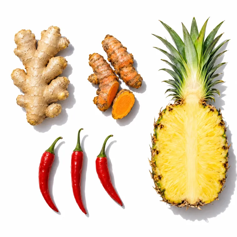 Ginger, turmeric, pineapple and cayenne peppers (illustrative)