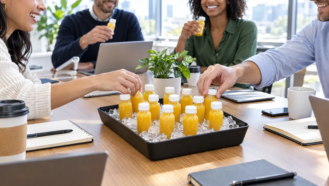 Team in a meeting room reaching for ginger shots on ice (illustrative)